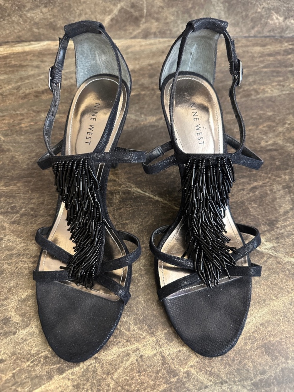 Nine West Black Beaded Fringe T-Strap Heels